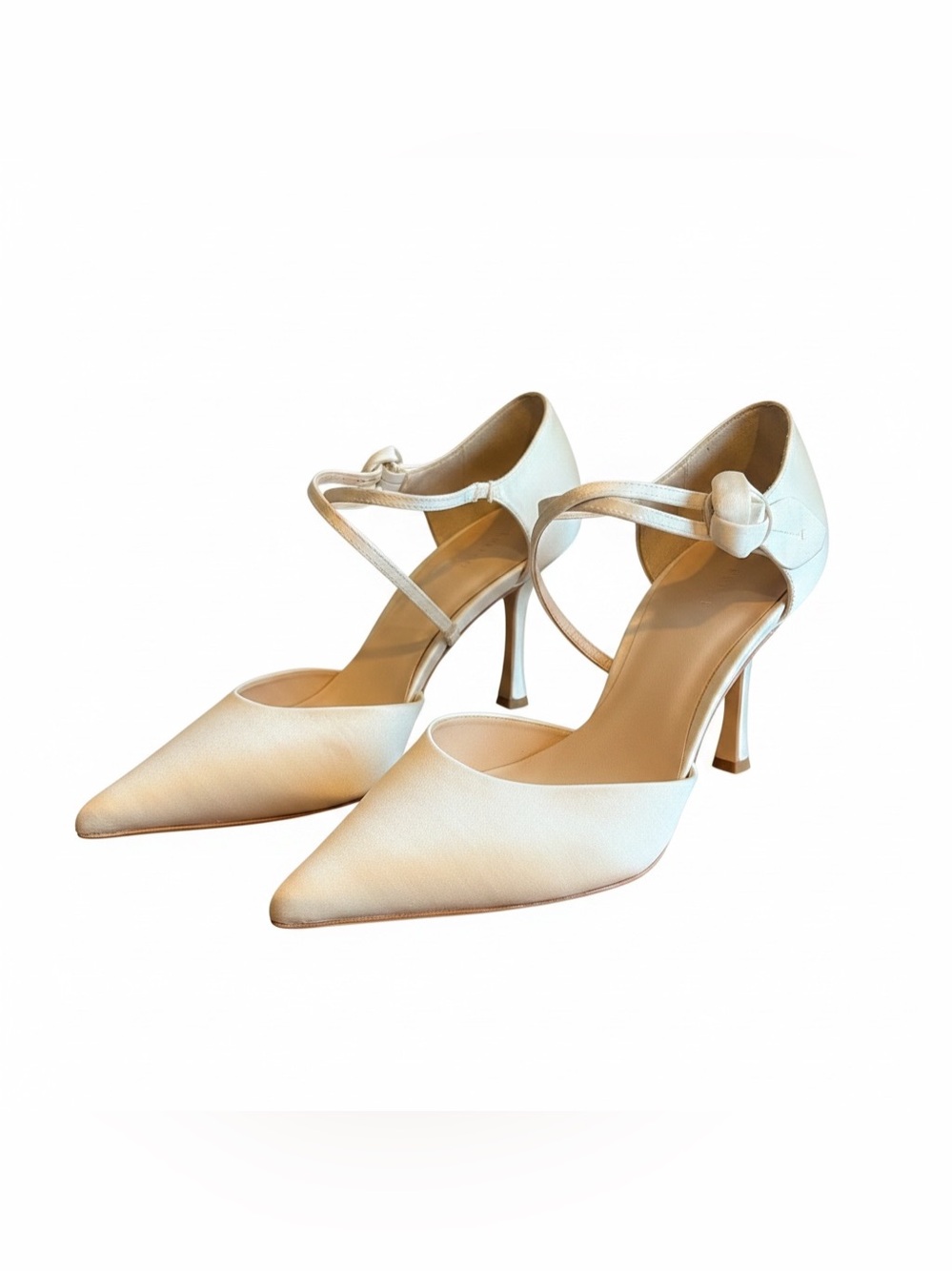 Badgley Mischka White Satin Pointed-Toe Ankle-Strap Heels. Women’s Size 9.5